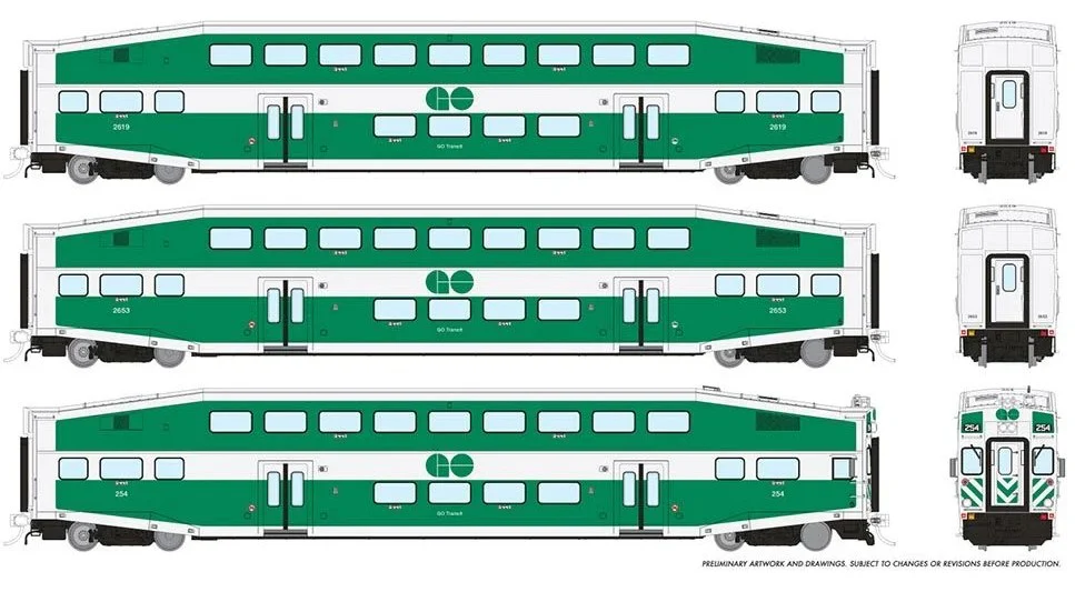 146036 BiLevel Commuter Car: GO Transit - Late: Set #1 (Cab: 254 Coaches: 2619, 2653)