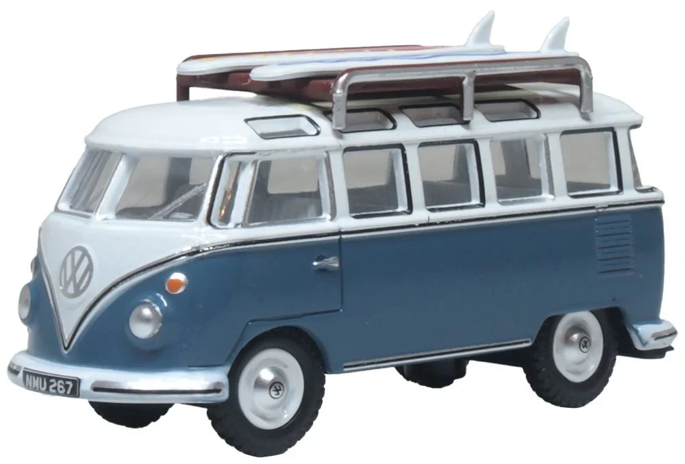 76VWS016 VW T1 Samba Bus/surfboards Gulf Blue/White