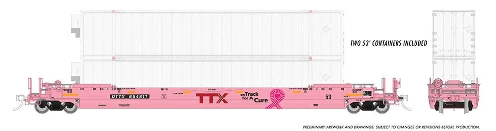 401054 HO 53' Husky-Stack Well Car + Containers: TTX "On Track For A Cure": #654811 - Image 2