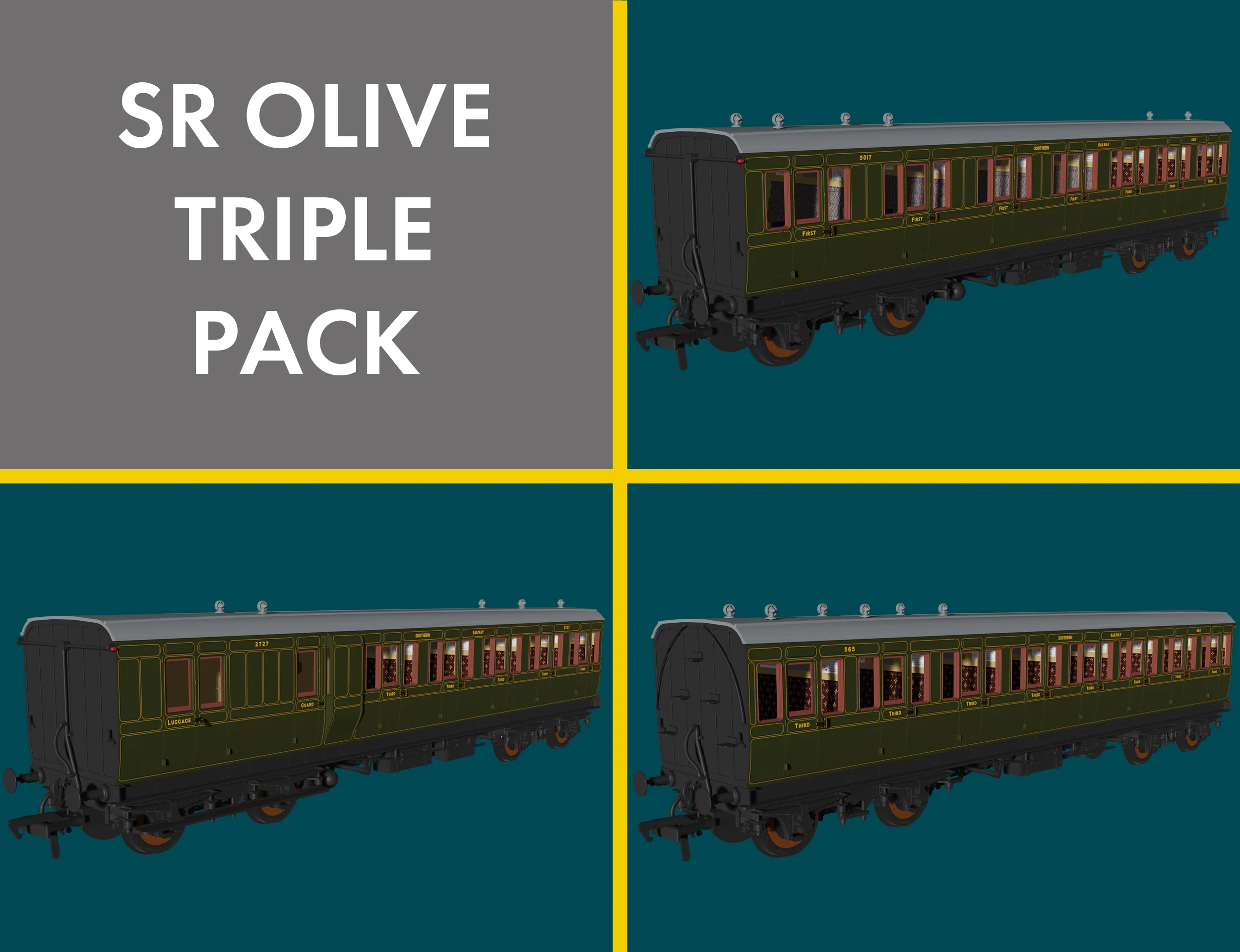 'Evolution' 48' SR Olive Non-Corridor Carriage No.2727, 565 & 5017 Triple Pack - Image 6