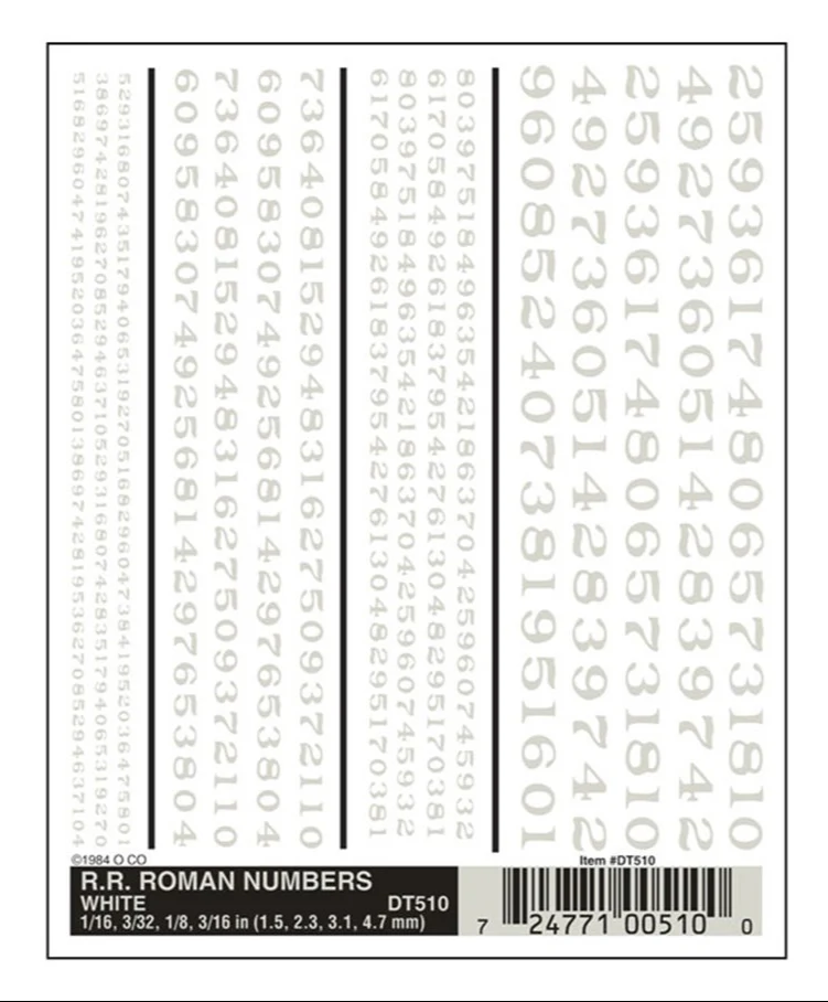 WDT510 DT510 WOODLAND SCENICS - Decals - R.R. Roman Numbers - White